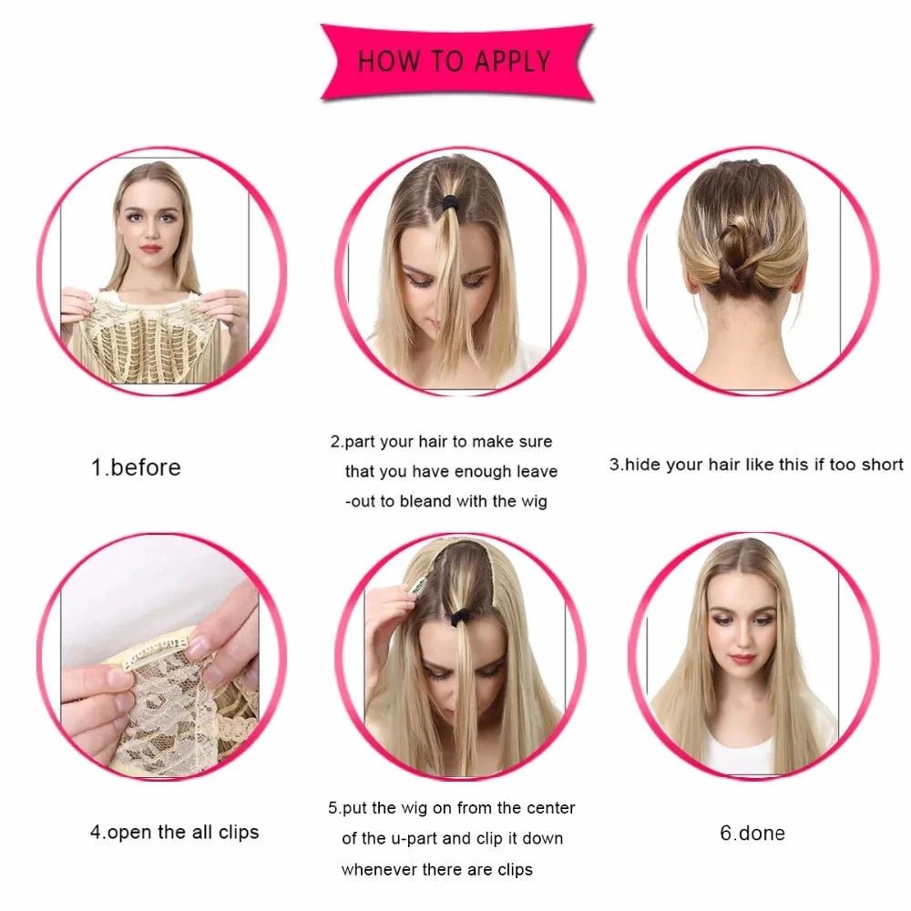 how to apply hair extensions; open all the clips and put the wig from the center of the u-part and clip it down. Done